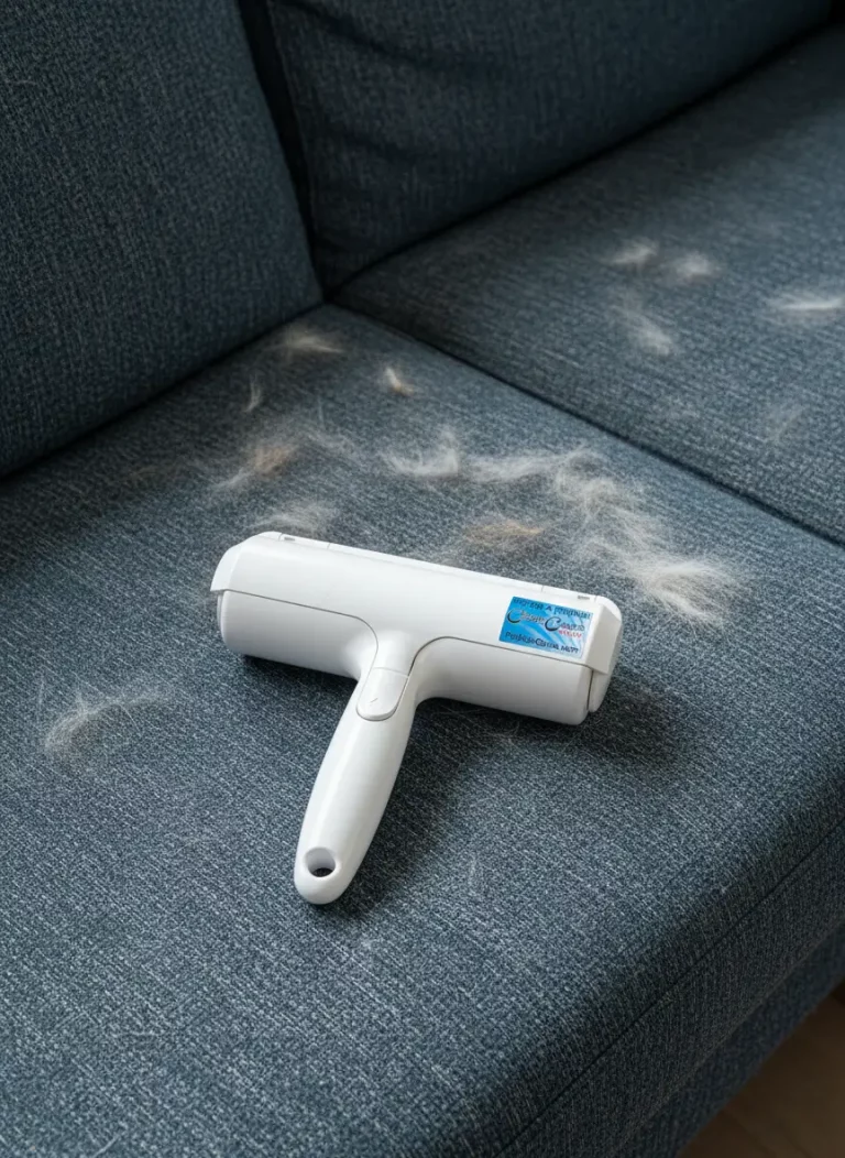 Chom Chom roller removing white cat hair from a grey velvet sofa