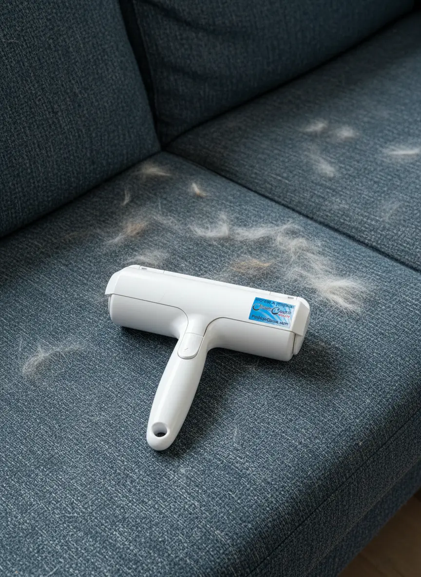 Chom Chom roller removing white cat hair from a grey velvet sofa