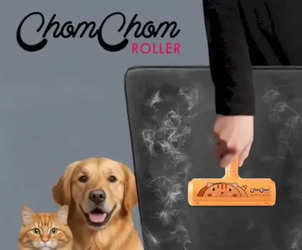 ChomChom pet hair remover roller with a bright orange handle and dog pattern.