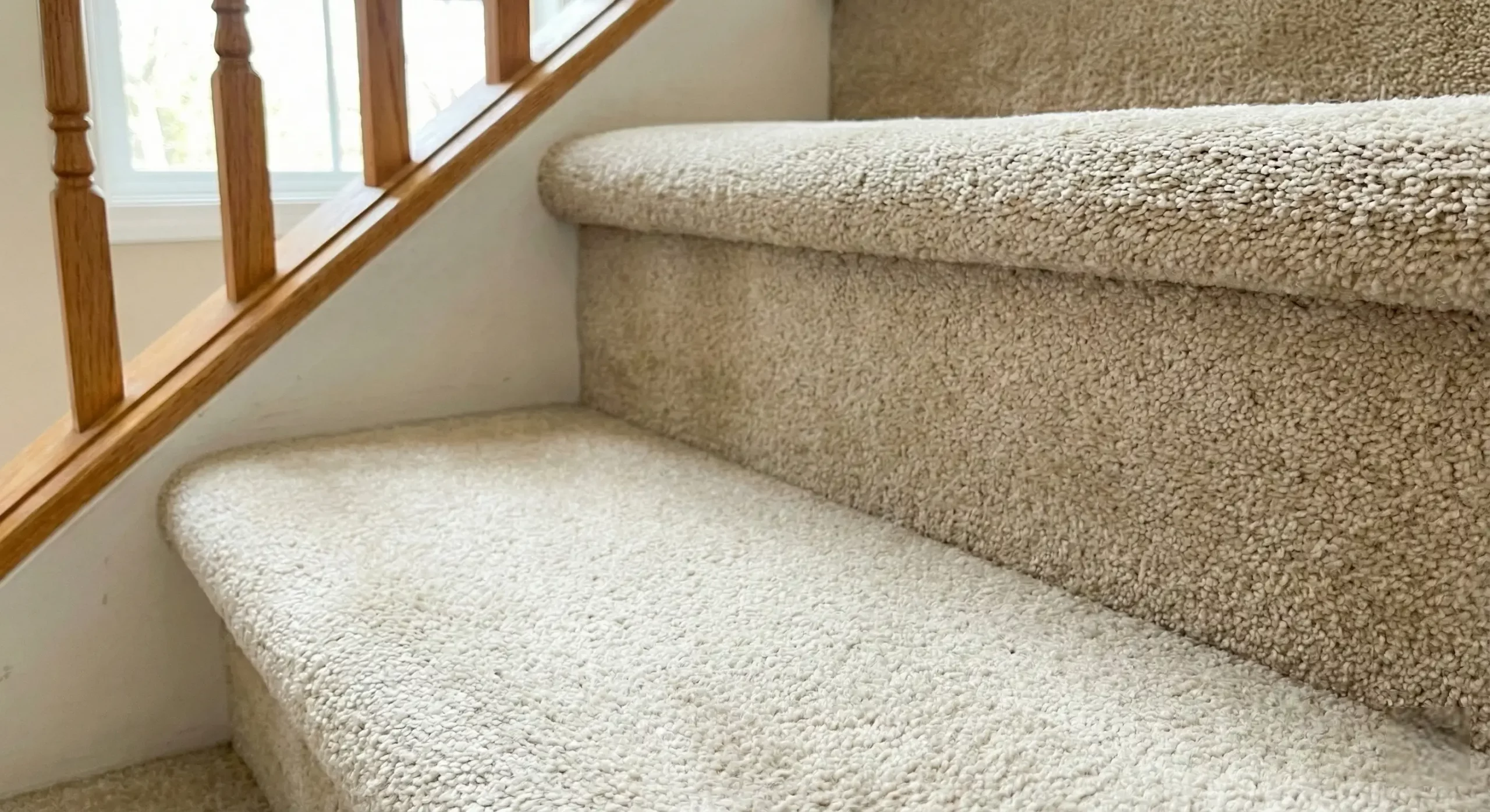 Close-up of carpeted home stairs covered in visible cat hair and pet dander before cleaning.