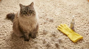 Fluffy cat on a deep pile carpet with rubber gloves and static spray for hair removal