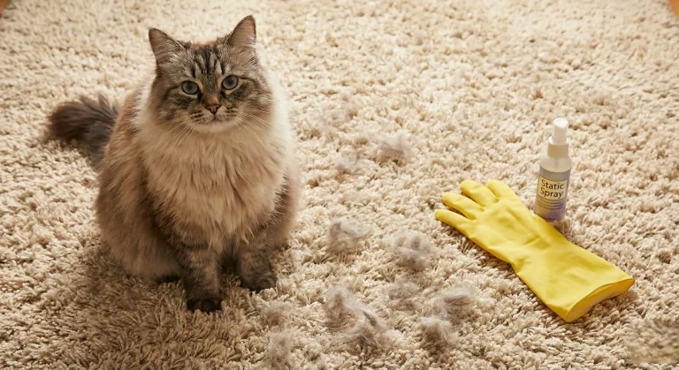 Fluffy cat on a deep pile carpet with rubber gloves and static spray for hair removal