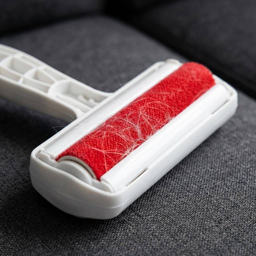 Pet hair remover tool with red velvet strips collecting white fur from a dark grey fabric sofa.